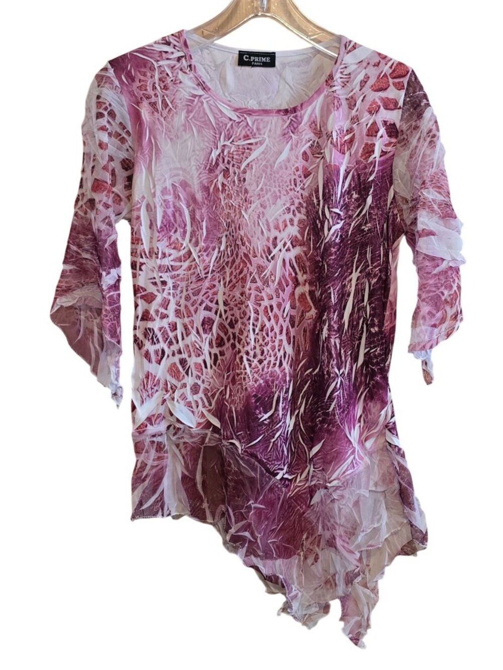 C. Prime Paris Asymmetrical Sheer Tunic Pink Abstract Print Lightweight